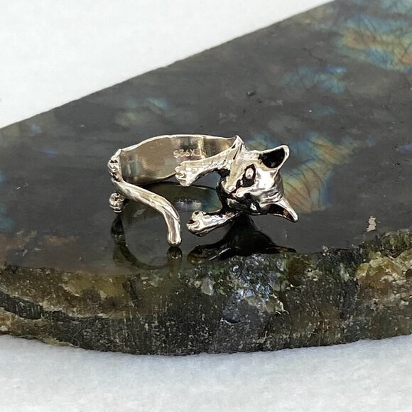 Sterling Silver 925 Adjustable 3D Cat Kitten Animal Wide Band Bypass Ring Sz 6 - Picture 4 of 16